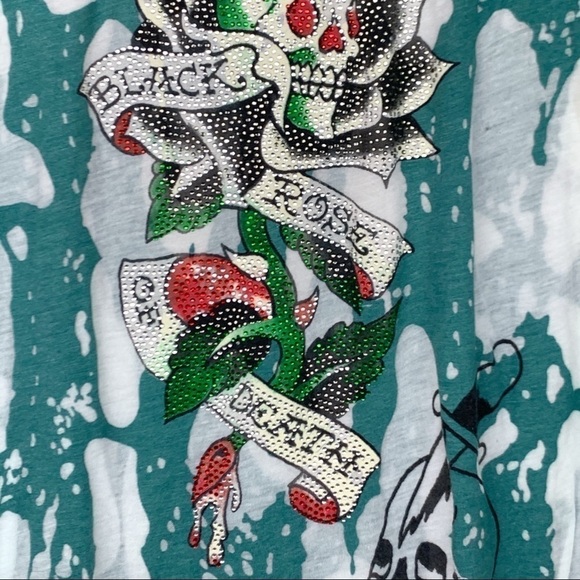 New-ed Hardy Black Rose Of Death Rhinestones BurnOut Sheer ShortSleeve Tee Shirt - Picture 3 of 13